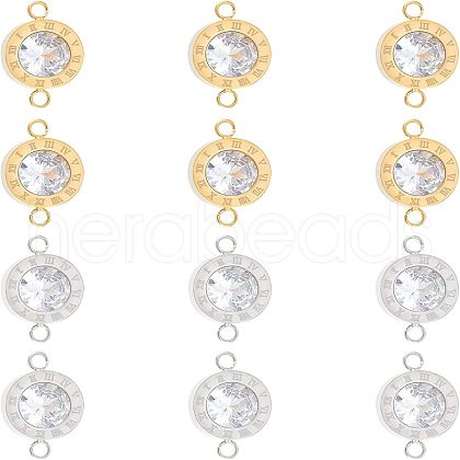Unicraftale 12Pcs 2 Colors 304 Stainless Steel Clear Cubic Zirconia Connector Charms STAS-UN0037-33-1