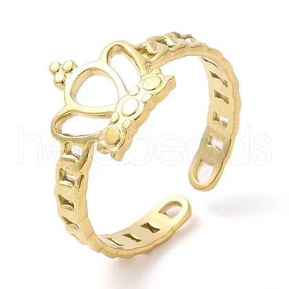 304 Stainless Steel Hollow Crown Open Cuff Ring for Women RJEW-I098-21G-1