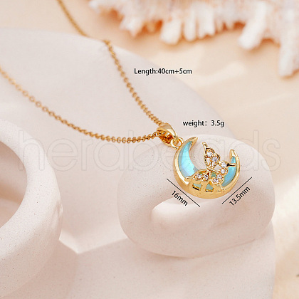 Brass Crystal Rhinestone & Resin Butterfly Moon Pendant Necklaces for Women FS-WG063FB-07-1