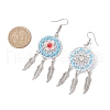 Flat Round with Feather Handmade Glass Seed Beads Chandelier Earrings EJEW-MZ00473-04-4