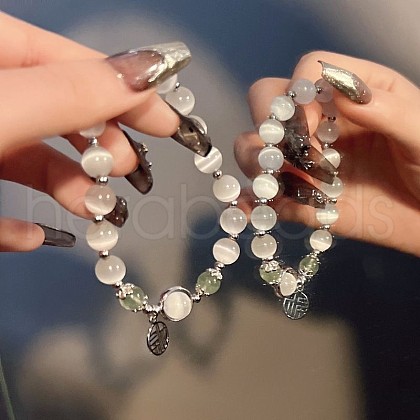 Flat Round Alloy & Cat Eye & Natural Strawberry Quartz Round Beaded Lucky Charm Bracelets for Women WG9D4EC-04-1