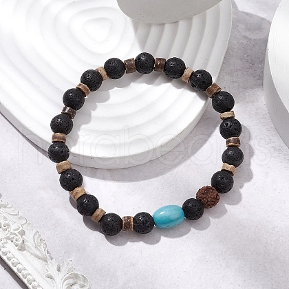 Natural Lava Rock & Rudraksha & Coconut & Howlite Beads Stretch Couples Bracelets for Men BJEW-JB11329-02-1