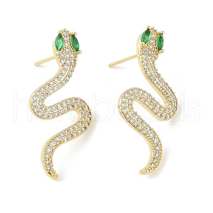 Snake Brass Pave Clear & Green Cubic Zirconia Stud Earrings for Women EJEW-L285-002G-1