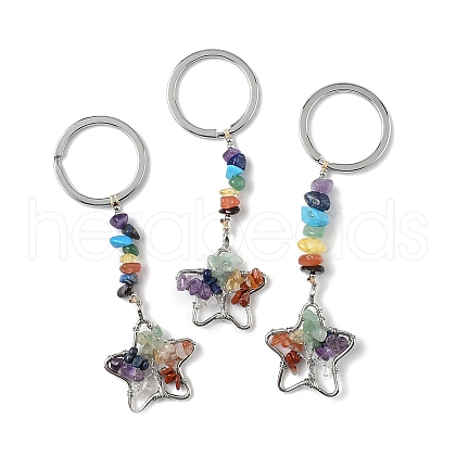 Star Brass Mixed Stone Keychains HJEW-S006-01P-L-1