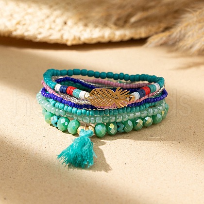 Bohemian Vacation Style Glass Beaded Charms Bracelets Set for Women VJ2934-3-1