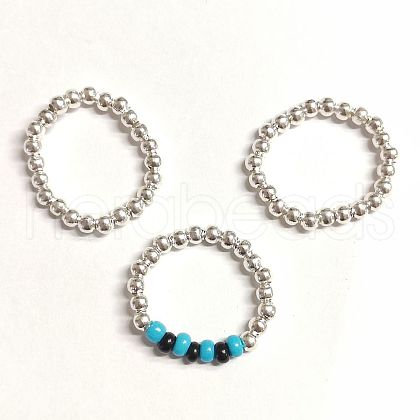 3Pcs 3 Style Iron & Glass Seed Beaded Stretch Rings Set RJEW-PH01299-1