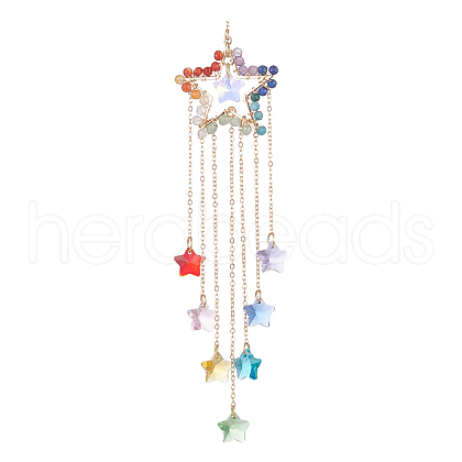 Copper Wire Wrapped Natural Gemstone Star Pendant Decorations HJEW-JM01037-1
