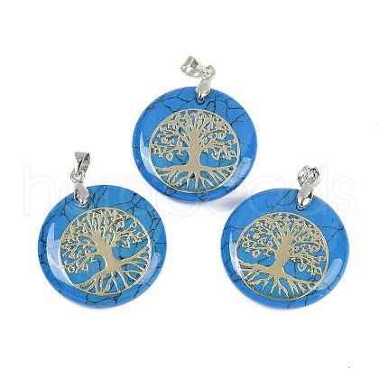 Synthetic Turquoise Flat Round Pendants G-Q188-01P-04-1