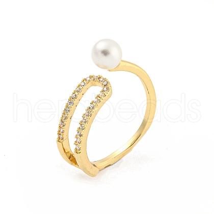 Round Brass Micro Pave Clear Cubic Zirconia with Plastic Pearl Open Cuff Rings RJEW-G309-51G-1