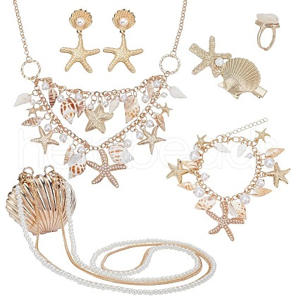   Natural Shell & Alloy Starfish Charm Bracelet & Bib Necklace & Adjustable Ring & Dangle Stud Earrings & Aligator Hair Clip & Mini Crossbody Bags SJEW-PH0001-11-1