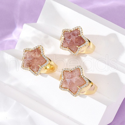 Star Natural Strawberry Quartz Cubic Zirconia Cuff Rings RJEW-M076-02G-09-1