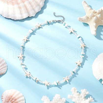 Starfish Synthetic Turquoise & Magnesite & Glass Seed Beaded Necklaces NJEW-JN05306-1