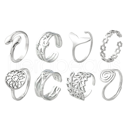8Pcs 8 Style Whale Tail & Wave & Flower & Vortex & Snake Stainless Steel Open Cuff Ring Set RJEW-FS0001-02-1