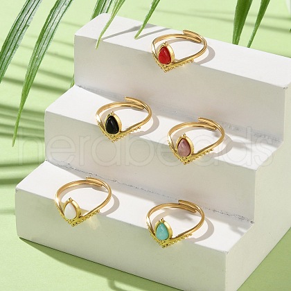 Teardrop Natural Rhodochrosite & Black Onyx & White Jade & Red Agate & Amazonite Finger Rings RJEW-Q004-02G-1