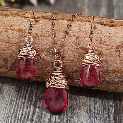 Teardrop Alloy Glass Pendant Necklaces & Dangle Earrings Sets FS-WGF6564-01-1