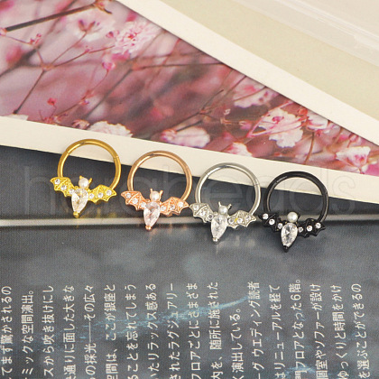 304 Stainless Steel Clear Cubic Zirconia Bat Hoop Cartilage Earrings WG1F324-03-1
