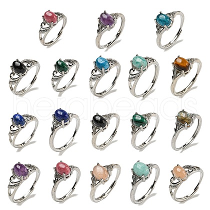 Oval Natural Gemstone Adjustable Rings RJEW-Q818-01P-1