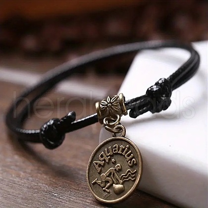 Alloy Flat Round with Constellation Charms Double Layer Black Imitation Leather Cord Adjustable Anklets WGE0879-10-1