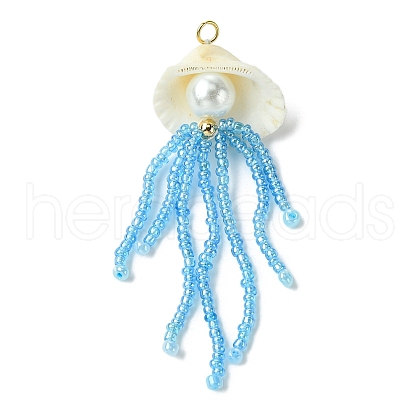Natural Clam Shell & Glass Pearl & Glass Seed Beaded Big Pendants PALLOY-MZ00298-02-1