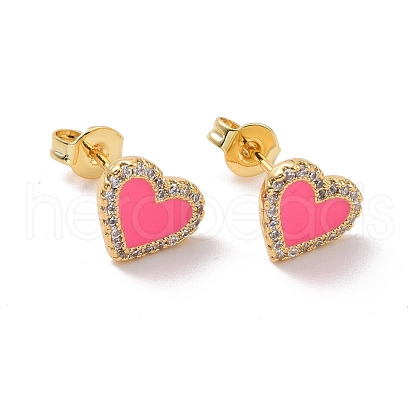 Deep Pink Enamel Heart Stud Earrings with Clear Cubic Zirconia EJEW-C030-04G-1