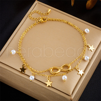 304 Stainless Steel & White Plastic Imitation Pearl Round Star Charm Double Layer Anklets FS-WGEF8AA-01-1