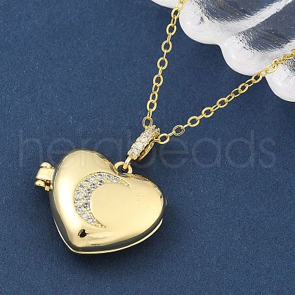 Brass Micro Pave Clear Cubic Zirconia Heart Locket Pendant Necklaces for Women NJEW-S449-04A-G-1