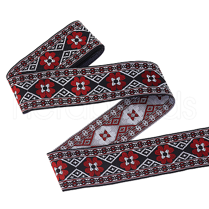7M Ethnic Style Polyester Rhombus Flower Jacquard Ribbon OCOR-WH0101-05-1