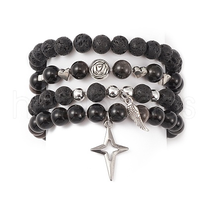 4Pcs 4 Style Natural Silver Obsidian & Lava Rock Stretch Bracelets Set BJEW-JB09480-1