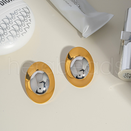 Fashionable Stainless Steel Two Tone Oval Stud Earrings NB1890-1