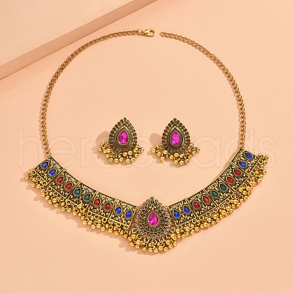 Teardrop Alloy Rhinestone Pendant Necklaces & Dangle Earrings Sets for Women WGDDD7F-04-1