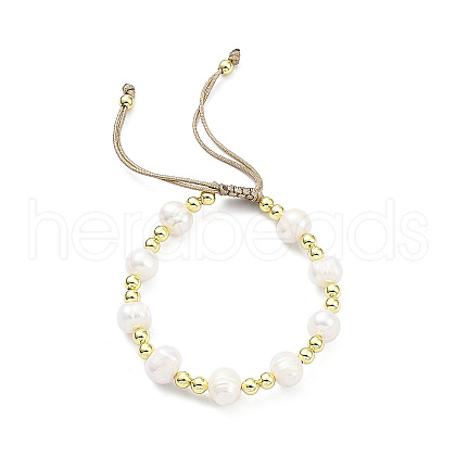 Mother's Day Jewellery Adjustable Natural Pearl & Brass Braided Beaded Bracelet for Women BJEW-O187-01-1