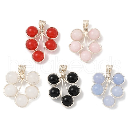 Natural Black Onyx(Dyed and Heated)/White Jade/Malaysia Jade/Rose Quartz/Quartz Crystal Copper Wire Wrapped Round Beaded Pendants PALLOY-JF03536-01-1