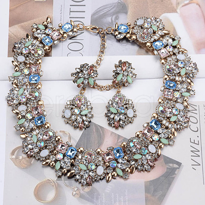 Flower Alloy Rhinestone Chain Necklaces & Stud Dangle Earrings Sets FS-WG8AADA-07-1