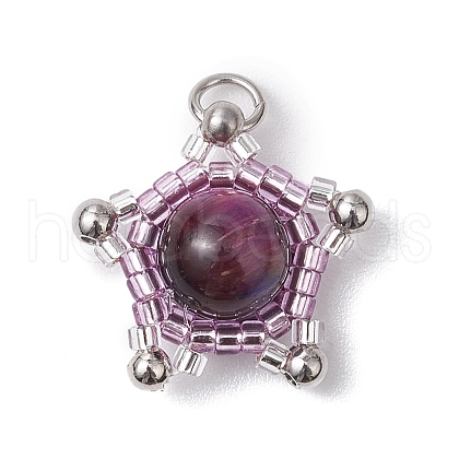 Cylinder Seed Beads & Natural Tiger Eye Beads Pendants PALLOY-MZ00508-04-1