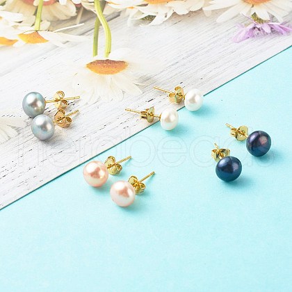 Mother's Day Jewellery Natural Pearl Rondelle Stud Earrings EJEW-JE04585-1