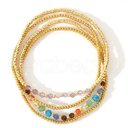 4Pcs Luxury Natural Amethyst Round Beads & Moonstone & Lapis Lazuli & Malaysia Jade & Glass & Cubic Zirconia & Purple  Garnet & Red Garnet & Glass Seed Beads Stretch Bracelet Set for Women AP3962-5-1