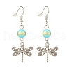 Round Natural Mashan Jade with Alloy Dragonfly Dangle Earrings EJEW-JE04855-05-1