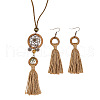 Bohemian Alloy & Wood & Cotton Cord Tassel Pendant Necklaces & Dangle Earrings Sets WGBB680-02-4
