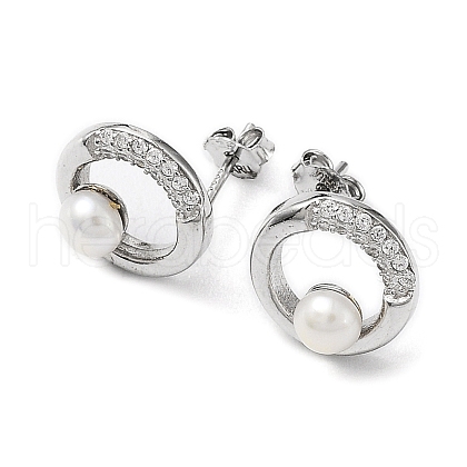 Anti-Tarnish Cubic Zirconia Ring with Natural Pearl Stud Earrings EJEW-F318-18P-1