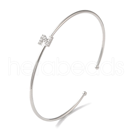 Rack Plating Brass Micro Pave Clear Cubic Zirconia Letter Open Cuff Bangles BJEW-A018-01P-Z-1