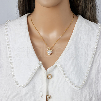 Brass Micro Pave Clear Cubic Zirconia Crown Round Shell Pearl Pendant Nekclaces FS-WG448F8-01-1