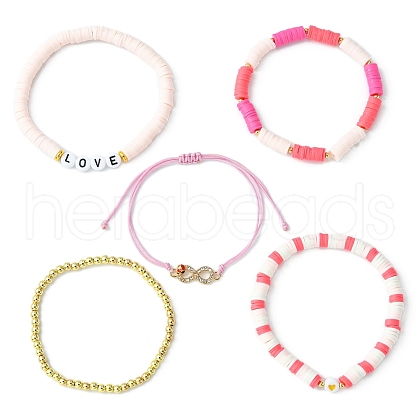 5Pcs 5 Style Polymer Clay Heishi & Word Love Beaded Stretch Bracelets Set BJEW-TA00297-1