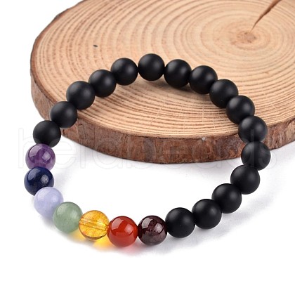 Chakra Natural Black Agate(Dyed) Beaded Stretch Bracelets BJEW-JB02225-02-1