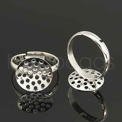 Adjustable 14mm Silver Color Plated Brass Sieve Ring Bases X-EC163-1S-1