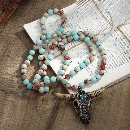 Bohemian Style Cattle Head Resin & Rhinestone Pendant Natural Shoushan Stone Round Beaded Necklaces for Women FS-WGF22A5-05-1