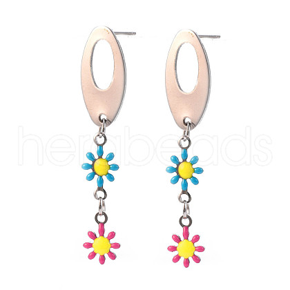 Oval with Flower Enamel Long Dangle Stud Earrings EJEW-N049-05B-1