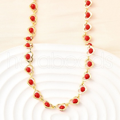 Brass & Red Faceted Glass Heart Link Chain Necklaces for Women NJEW-D314-05G-1