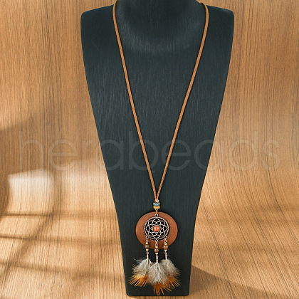 Bohemian Alloy & Wood Woven Web/Net with Feather Pendant PU Leather Cord Necklaces for Women FS-WG8596C-07-1