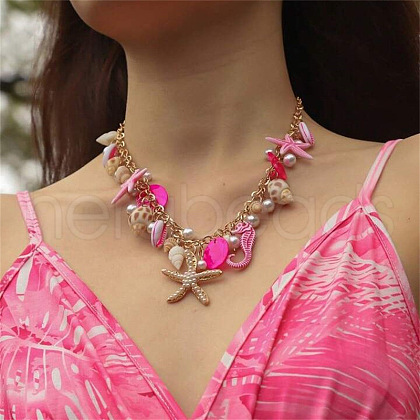 Alloy & Plastic Pearl & Natural Shell Pendant Necklaces FS-WG21E05-01-1