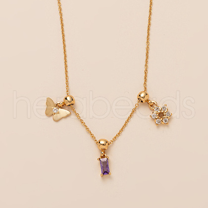 Butterfly Flower Brass Pave Clear and Medium Purple Cubic Zirconia Pendant Necklaces for Women FS-WG06C6B-03-1